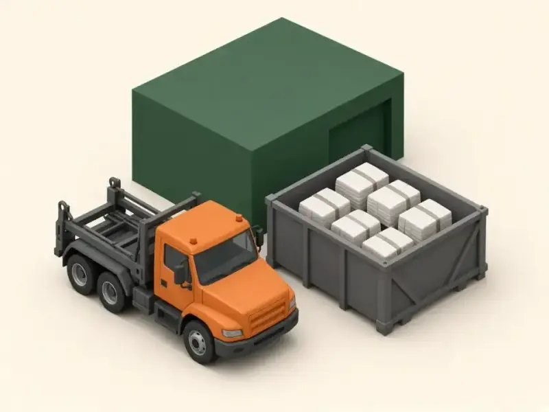 Ilustração de caminhão e caçamba para coleta de aparas